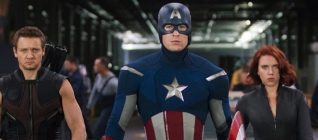 The Avengers (2012) - Jeremy Renner (Hawkeye), Chris Evans (Captain America) and Scarlett Johansson (Black Widow)