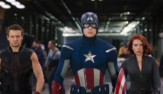 The Avengers (2012) - Jeremy Renner (Hawkeye), Chris Evans (Captain America) and Scarlett Johansson (Black Widow)