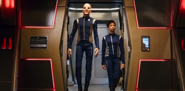 "The Butcher's Knife Cares Not for the Lamb's Cry" -- Episode 104 -- Pictured (l-r): Doug Jones as Lieutenant Saru; Sonequa Martin-Green as First Officer Michael Burnham. Photo Cr: Jan Thijs/CBS ÃÂ© 2017 CBS Interactive. All Rights Reserved.