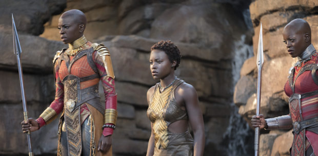 Marvel Studios' BLACK PANTHER..L to R: Okoye (Danai Gurira), Nakia (Lupita Nyong'o), and Ayo (Florence Kasumba)..Ph: Matt Kennedy..©Marvel Studios 2018