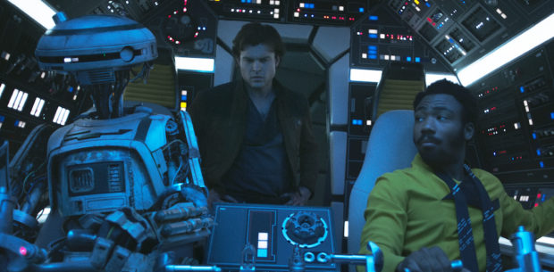 Alden Ehrenreich is Han Solo, Donal Glover is Lando Calrissian and Phoebe Waller-Bridge is L3-37 in SOLO: A STAR WARS STORY.