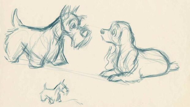 Concept art sketch of Jock and Lady by Disney animator Frank Thomas for the development of Lady and the Tramp (1955).