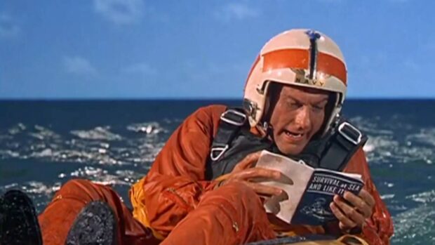 Dick Van Dyke in the rubber dinghy from Lt. Robin Crusoe, USN