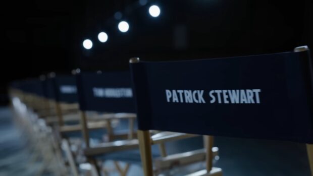 A director-style chair with "Patrick Stewart" printed on the backrest, seen on the set of Avengers: Doomsday.