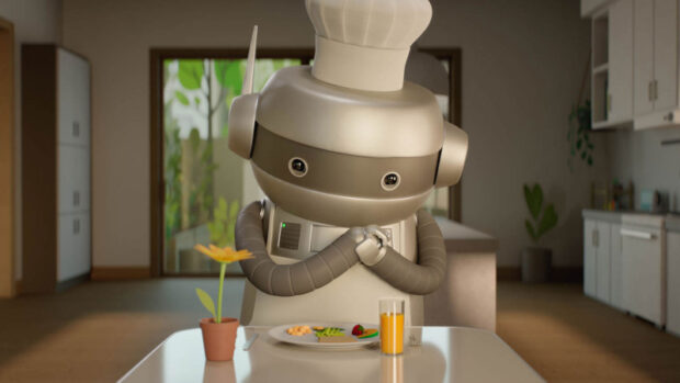 A robot in a chef's hat clasps its hands in delight over a recently cooked meal in Kid Koala's Space Cadet (2025).
