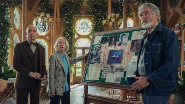 Ben Kingsley, Helen Mirren, and Pierce Brosnan investigate a murder board in The Thursday Murder Club (2025) adaptation on Netflix.