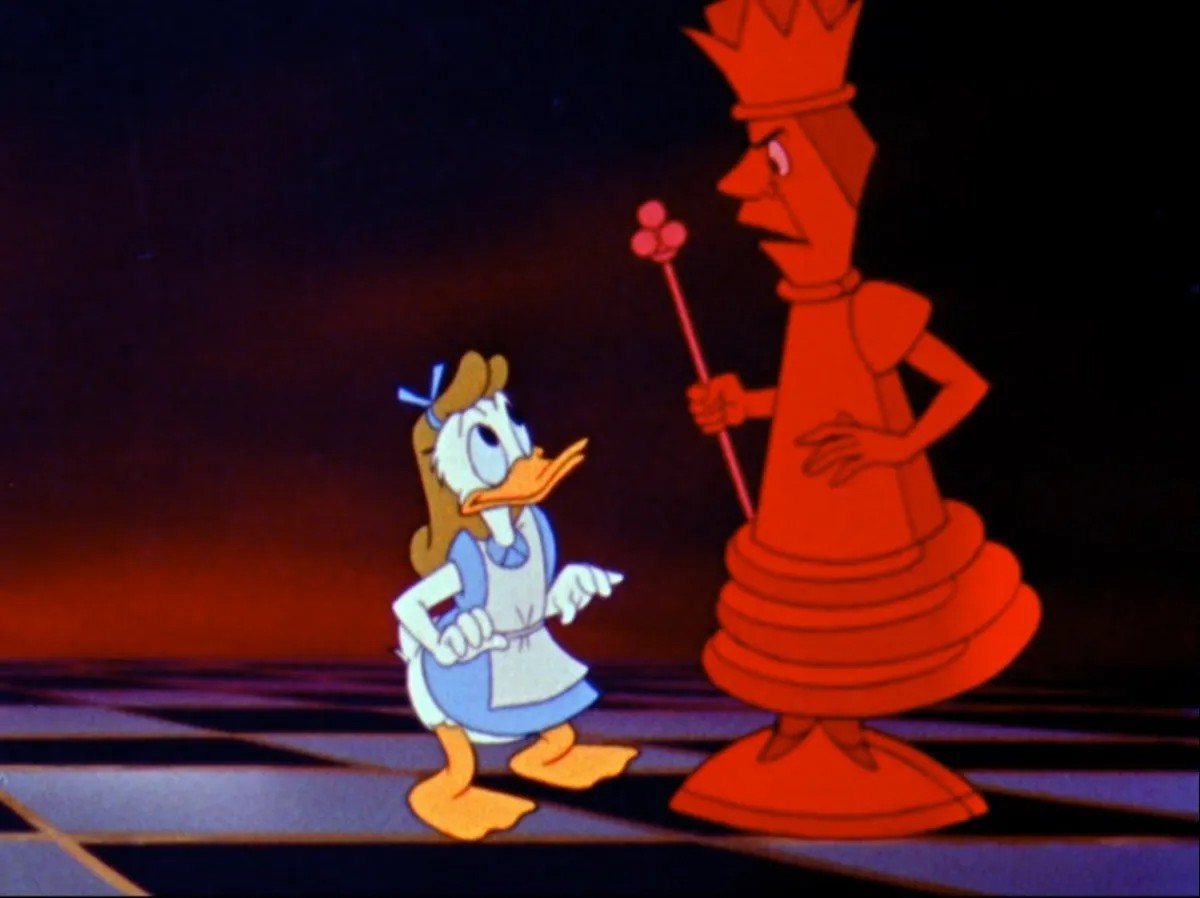 Donald Duck in Alice drag for Donald in Mathmagic Land