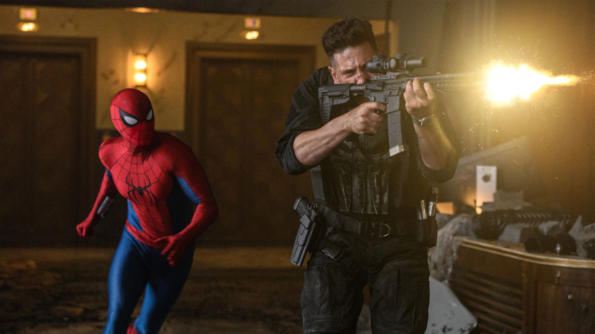 Spider-Man (Tom Holland) and The Punisher (Jon Bernthal) fighting an unseen enemy in Spider-Man: Brand New Day (2026)